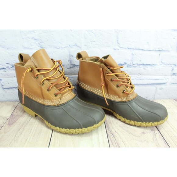 LL Bean Brown Leather Lace Up Round Toe Unlined Ankle Duck Boots Size 8 - Picture 5 of 10